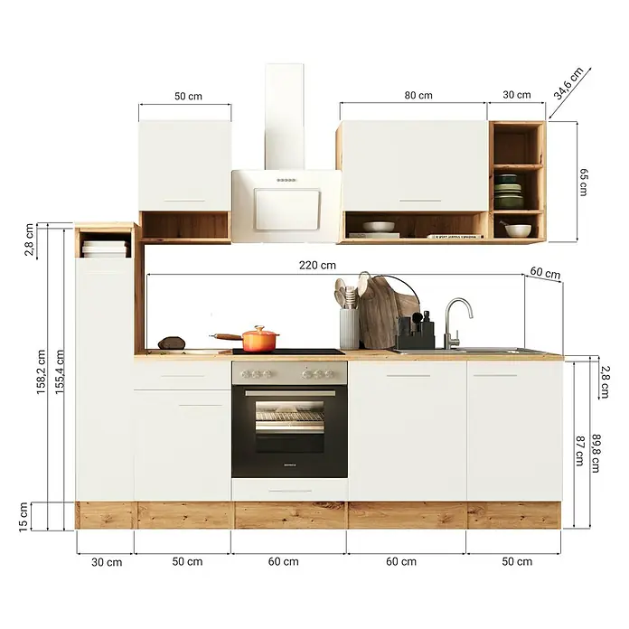 Respekta Küchenzeile Hilde - Breite: 250 cm, Weiß, Mit Elektrogeräten - Eine Küchenvisualisierung mit detaillierten Maßangaben zu Schränken, Arbeitsflächen und Gesamtabmessungen für Planungszwecke.