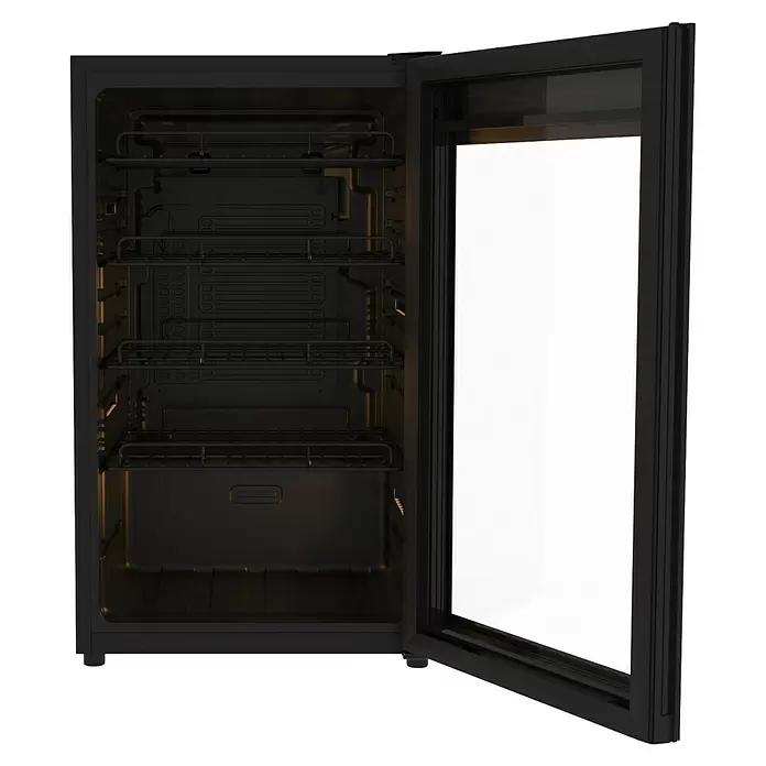 PKM Weinkühlschrank WKS57DO - Geeignet für Anzahl Flaschen: 57 Stk., L x B x H: 55 x 49,5 x 86 cm, Schwarz - Schwarzer Getränkekühlschrank mit offener Glastür und Metallregalen.