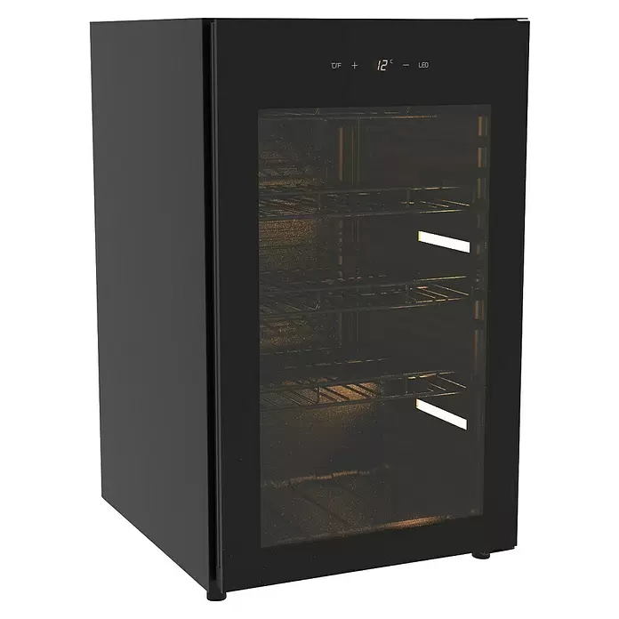 PKM Weinkühlschrank WKS57DO - Geeignet für Anzahl Flaschen: 57 Stk., L x B x H: 55 x 49,5 x 86 cm, Schwarz - Schwarzer Minikühlschrank mit Glastür, digitaler Temperaturanzeige (12°C) und Innenregalen.