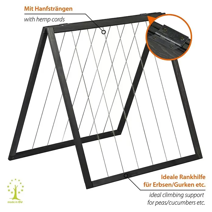 Dobar Rankhilfe - 58 x 70 cm, Holz, Anthrazit - Dunkle Holz Rankhilfe in A-Form mit Hanfschnüren, als Kletterhilfe für Pflanzen.