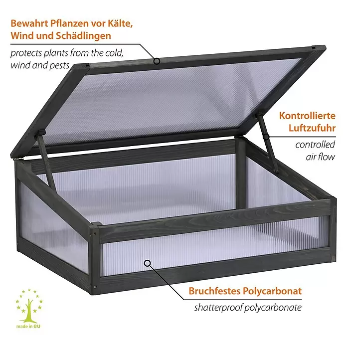 Dobar Frühbeet-Aufsatz Kubus 2.0 - Passend für: Dobar Hochbeet Kubus 2.0, L x B x H: 76 x 56 x 28 cm, Anthrazit - Dunkles Holzfrühbeet mit transparenten Polycarbonatplatten, Deckel zur Belüftung geöffnet.