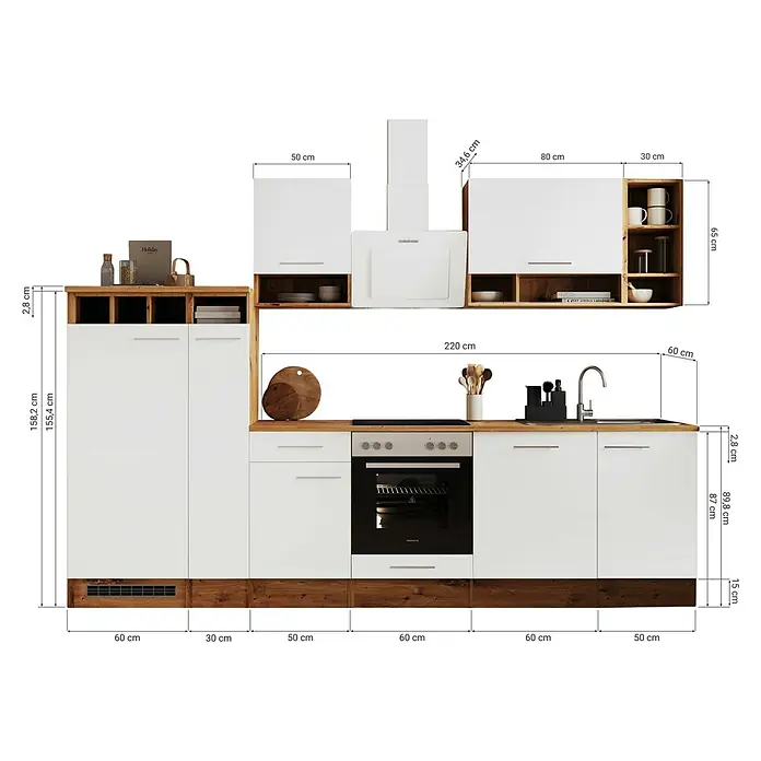 Respekta Küchenzeile Hilde - Breite: 310 cm, Grau, Mit Elektrogeräten - Bild einer modernen Küche mit weißen Schränken und Holzdetails, inklusive Maßangaben für Design und Planung.
