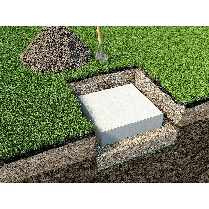 FunkeGruppe Sistema de infiltración - Volumen: 272 l, Máx. área de aplicación: 10 m² - Ilustración de una fosa séptica rectangular empotrada en el suelo, rodeada de hierba y tierra. Un montón de tierra y una pala están cerca.