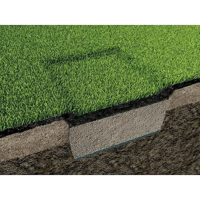 FunkeGruppe Sistema de infiltración - Volumen: 272 l, Máx. área de aplicación: 10 m² - Corte de césped que muestra la superficie de hierba verde, las capas de tierra subyacentes y una capa gris y pedregosa.