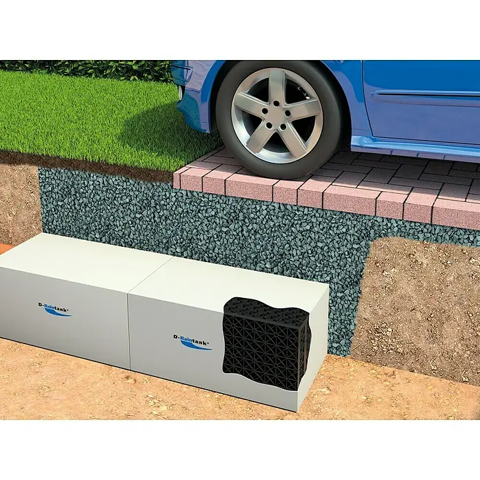 FunkeGruppe Sistema de infiltración - Volumen: 272 l, Máx. área de aplicación: 10 m² - Tanque subterráneo D-Rain Tank para la recolección de agua de lluvia con un coche azul al fondo.
