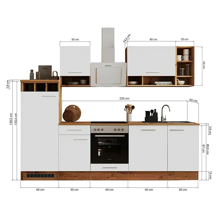 Respekta Küchenzeile Hilde - Breite: 280 cm, Weiß, Mit Elektrogeräten - Abbildung einer modernen Küche mit weißen Schränken und Holzakzenten, die ein stilvolles und funktionales Design zeigt.