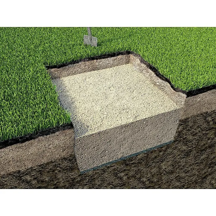FunkeGruppe Sistema de infiltración - Volumen: 272 l, Máx. área de aplicación: 10 m² - Una vista de sección transversal del suelo mostrando césped, grava y tierra. Perfecto para proyectos de construcción o jardinería que necesiten una vista detallada.