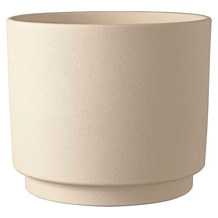 Soendgen Keramik Übertopf rund Oslo Stone - Außenmaß (Ø x H): 16 x 13 cm, Saharbeige, Keramik - Hellbeiger zylindrischer Pflanztopf mit texturierter Oberfläche und vertieftem Sockel.