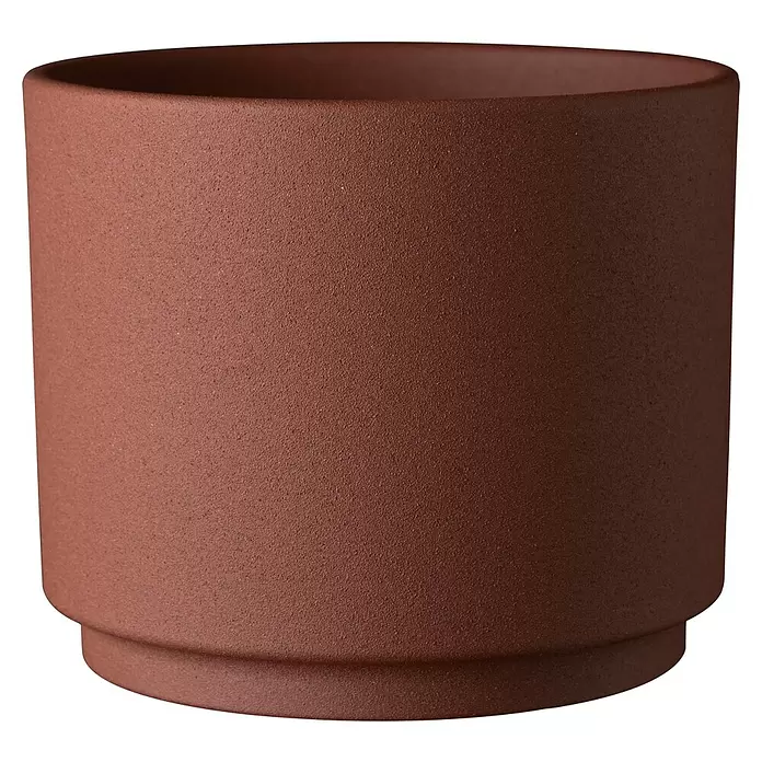 Soendgen Keramik Übertopf rund Oslo Stone - Außenmaß (Ø x H): 16 x 13 cm, Rot, Keramik - Zylindrischer, rötlich-brauner, texturierter Pflanztopf.