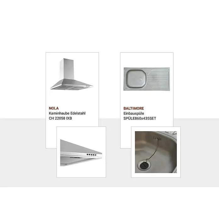 Respekta Premium Küchenzeile Anton - Breite: 300 cm, Weiß, Mit Elektrogeräten - Produktabbildung: Dunstabzugshaube NOLA Edelstahl und Einbauspüle BALTIMORE SPÜLE860x435SET.