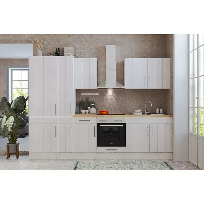 Respekta Premium Composición de cocina Anton - Ancho: 300 cm, Blanco, Con electrodomésticos - Un mueble de cocina blanco con una superficie de trabajo de madera, cocina con fogones y campana extractora, y unidades de pared y de base para guardar cosas.