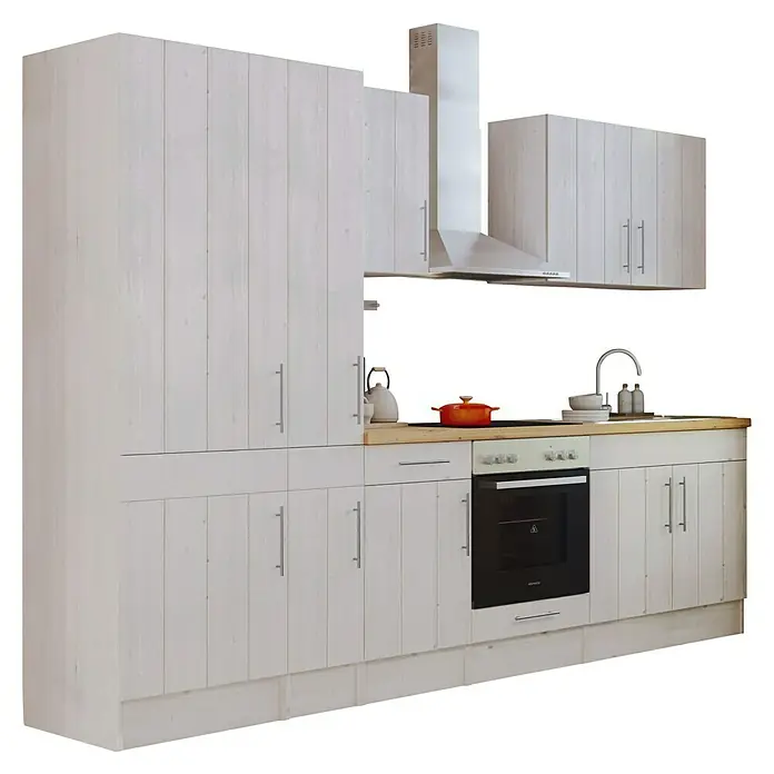 Respekta Premium Composición de cocina Anton - Ancho: 300 cm, Blanco, Con electrodomésticos - Cocina equipada con armarios blancos, campana extractora y cocina eléctrica. La cocina ofrece mucho espacio de almacenamiento y un aspecto moderno.
