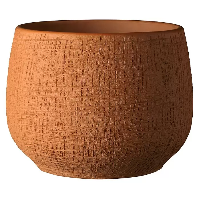 Soendgen Keramik Übertopf rund Teramo Terra - Außenmaß (Ø x H): 16 x 12 cm, Rot-Braun, Keramik - Runder Terrakotta-Pflanztopf mit einer strukturierten, gitterartigen Oberfläche.