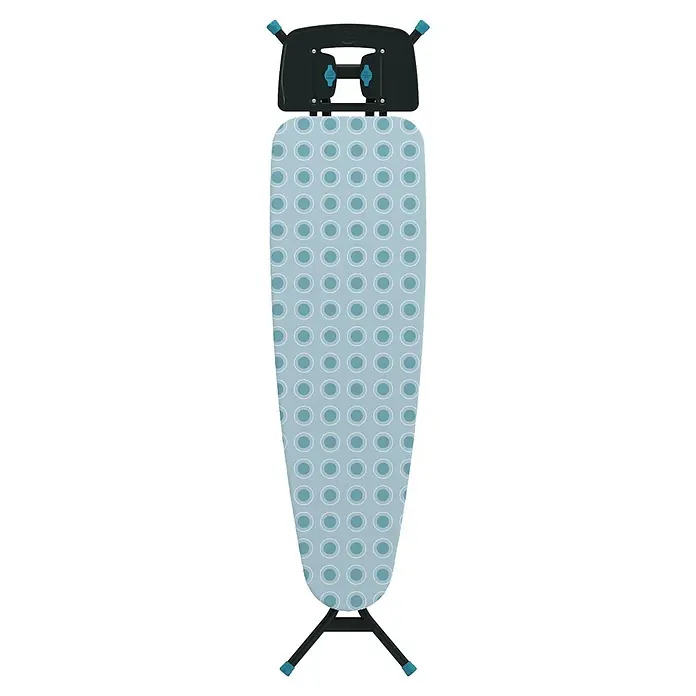 Bügeltisch Ironing Board - 36 x 114 cm, Türkis, M - Ein vollformatiges Bügelbrett mit blauem Punktmuster und einer schwarzen Ablagefläche, ideal zum einfachen und effizienten Bügeln von Kleidung.