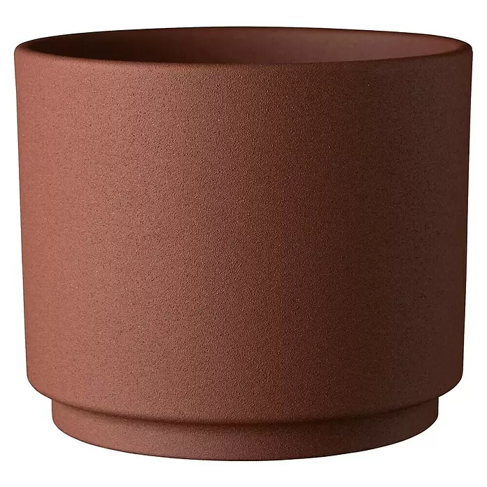 Soendgen Keramik Übertopf rund Oslo Stone - Außenmaß (Ø x H): 13 x 11 cm, Rot, Keramik - Brauner, zylindrischer Blumentopf mit strukturierter Oberfläche und erhöhtem Boden.