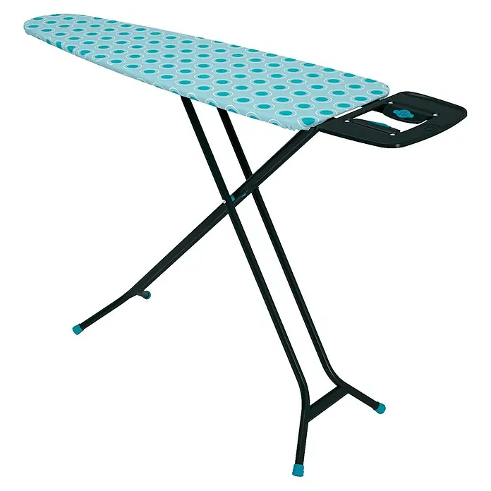 Bügeltisch Ironing Board - 36 x 114 cm, Türkis, M - Ein Bügelbrett mit blau gemustertem Bezug und einem praktischen Ablagefach für das Bügeleisen. Die Beine sind dunkelgrau.