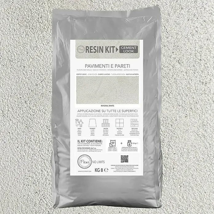 Fleur Kit Microcemento - Mineral White, 8 kg - Kit de resina - Aspecto cemento para suelos y paredes, apto para todas las superficies. Incluye cemento y aditivo de color para diseños personalizados.