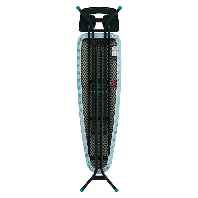 Bügeltisch Ironing Board - 36 x 114 cm, Türkis, M - Ein zusammengeklapptes Bügelbrett mit türkisem Bezug und schwarzen Beinen, gesehen von oben. Das Bügelbrett ist kompakt und platzsparend.