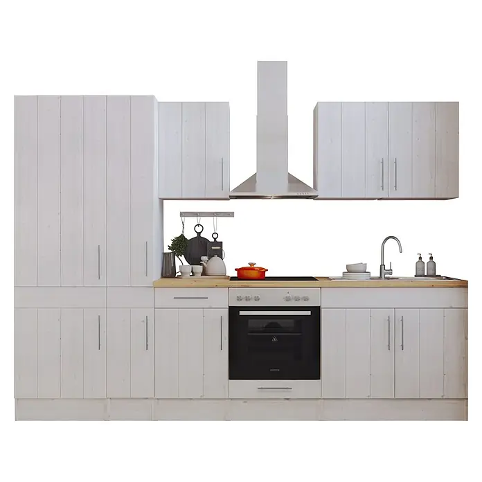 Respekta Premium Composición de cocina Anton - Ancho: 300 cm, Blanco, Con electrodomésticos - Una cocina moderna con armarios blancos, una campana extractora elegante y una placa de inducción integrada. La cocina tiene un aspecto limpio y acogedor.