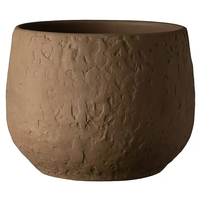 Soendgen Keramik Übertopf rund Teramo Terra - Außenmaß (Ø x H): 16 x 12 cm, Dunkelbraun, Keramik - Texturierter brauner Pflanztopf.