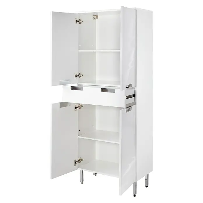 Schildmeyer Sunny Hochschrank - 65 x 35 x 159 cm, Eiche Natur - Ein hochglänzender, weißer Küchenschrank mit offenen Türen und Schublade bietet viel Stauraum für Küchenutensilien und Vorräte.