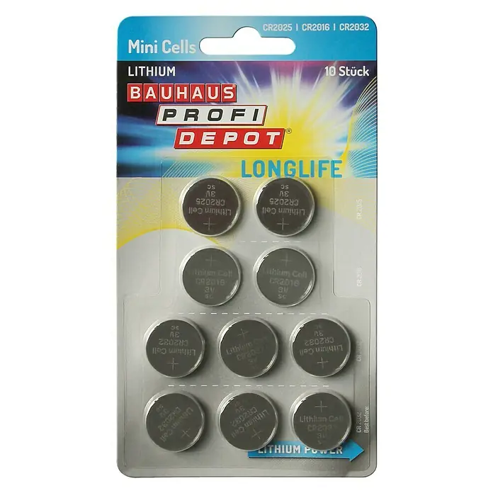 Profi Depot Knopfzelle - 3 V, Lithium, 10 Stk., CR205, CR2016, CR2032 - Abbildung einer Blisterpackung Bauhaus Profi Depot Mini Cells Lithium-Batterien CR2025, CR2016 & CR2032, die 10 Stück enthält.
