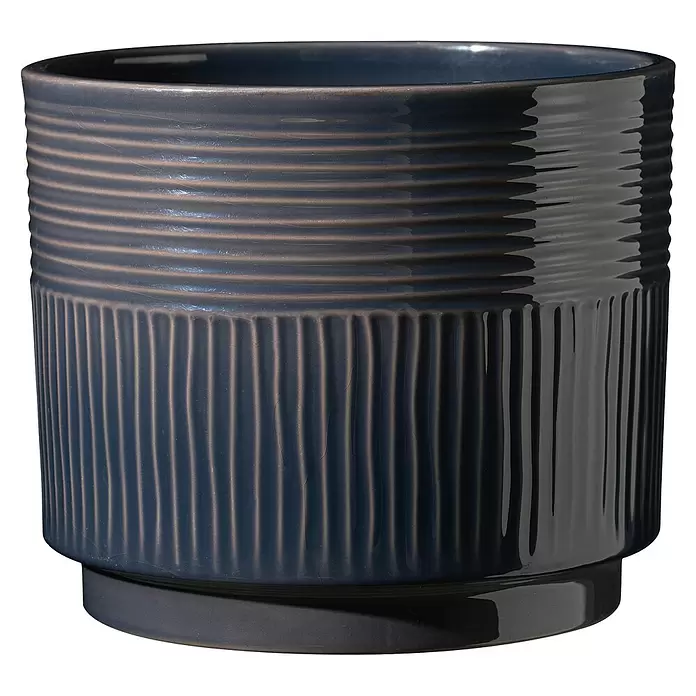 Soendgen Keramik Übertopf rund Nara Sabi - Außenmaß (Ø x H): 13 x 12 cm, Dunkles Blau, Keramik - Dunkelblauer glänzender Keramik-Pflanzentopf mit oberen horizontalen und unteren vertikalen Rillen.
