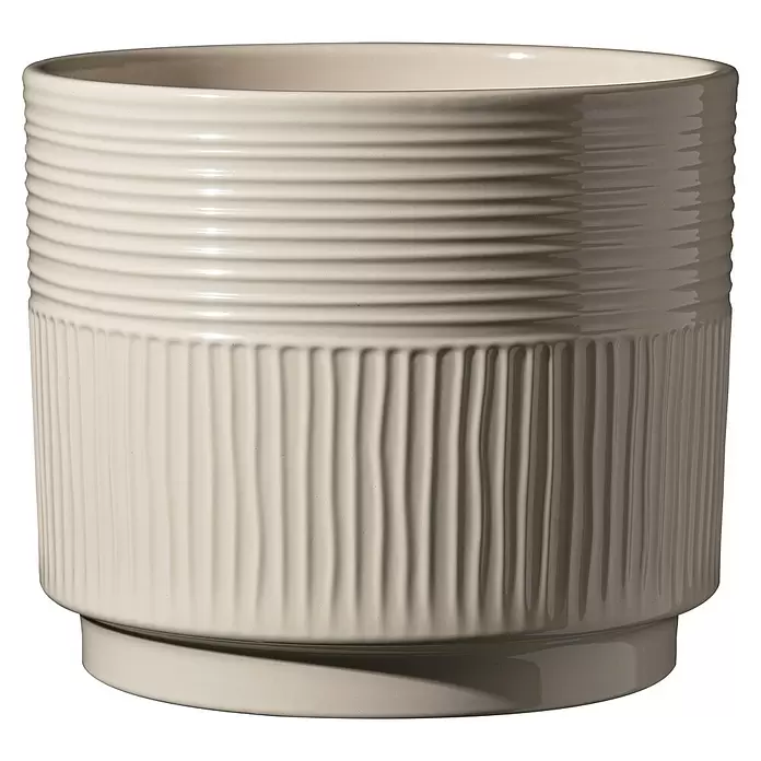 Soendgen Keramik Übertopf rund Nara Sabi - Außenmaß (Ø x H): 16 x 14 cm, Creme, Keramik - Cremefarbener Keramik-Pflanztopf mit horizontalen Rillen oben und vertikalen Rillen unten.