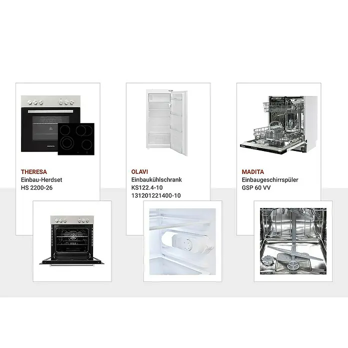 Respekta Premium Küchenzeile Anton - Breite: 310 cm, Weiß, Mit Elektrogeräten - Produktübersicht: Einbau-Herdset, Einbaukühlschrank und Einbaugeschirrspüler für die moderne Küche. Hochwertige Geräte für jeden Bedarf.