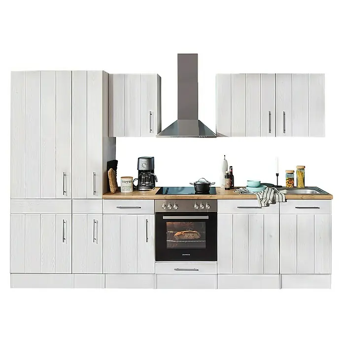 Respekta Premium Composición de cocina Anton - Ancho: 310 cm, Blanco, Con electrodomésticos - Una cocina blanca moderna con encimera de madera y campana extractora de acero inoxidable ofrece amplio almacenamiento y un ambiente de cocina elegante.