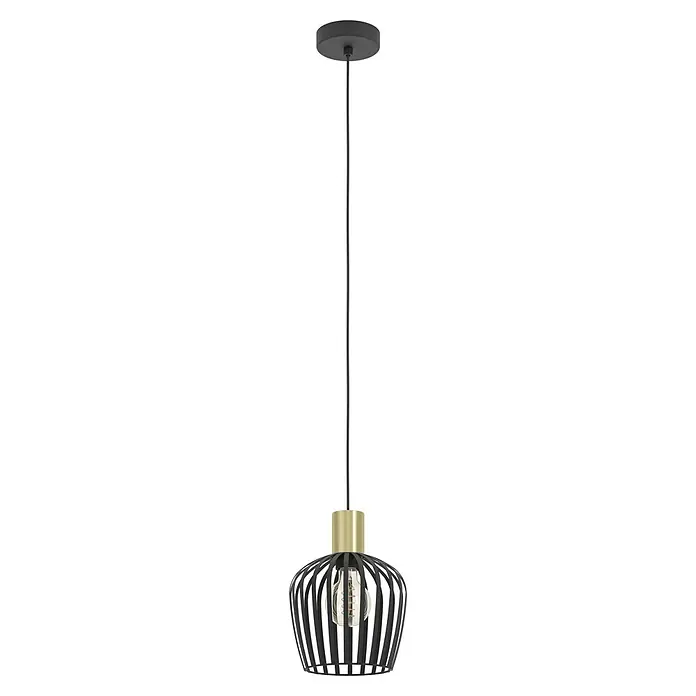Eglo Lámpara colgante redonda Empoli - 40 W, Ø x Al: 20 x 110 cm, Negro, E27 - Lámpara colgante negra con pantalla decorativa y detalles dorados, que añade un toque elegante a cualquier habitación.
