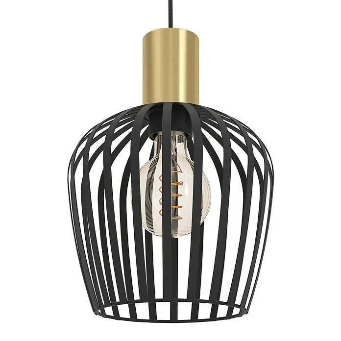 Eglo Lámpara colgante redonda Empoli - 40 W, L x An x Al: 90 x 20 x 110 cm, Negro, E27 - Primer plano de una lámpara colgante moderna con una jaula negra y una suspensión dorada, que emite una luz cálida.