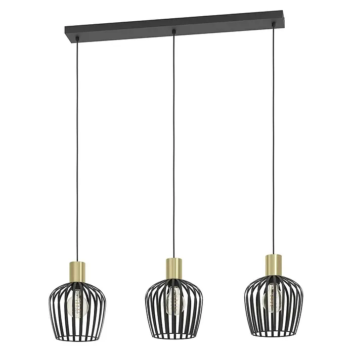 Eglo Lámpara colgante redonda Empoli - 40 W, L x An x Al: 90 x 20 x 110 cm, Negro, E27 - Una lámpara colgante moderna con tres pantallas negras en forma de jaula con detalles dorados suspendidas de una barra negra.