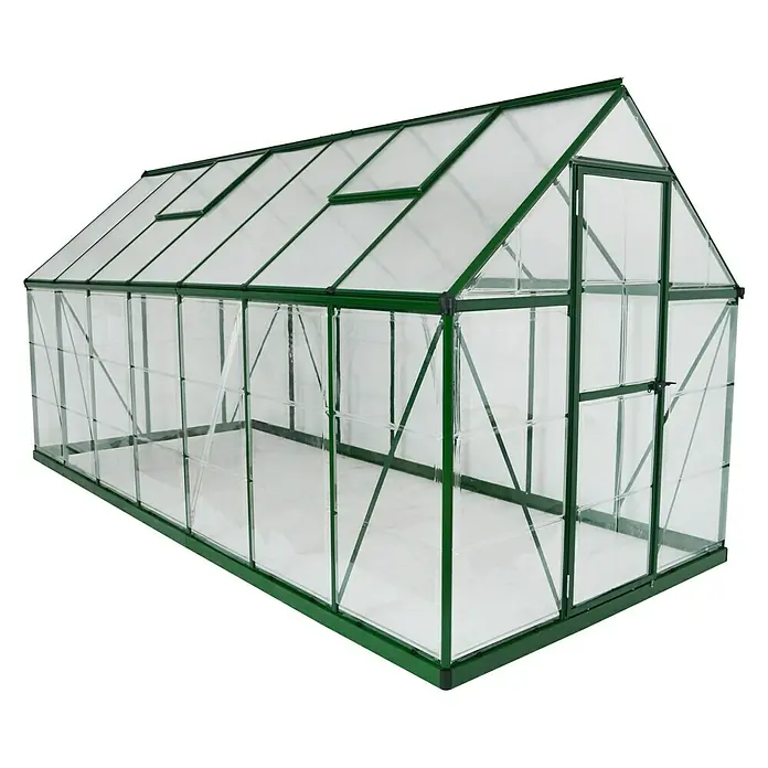 Palram – Canopia Gewächshaus Hybrid - Außenmaß inkl. Dachüberstand (B x T): 185 x 426 cm, 0,7 mm, Grün - Ein grünes Gewächshaus mit transparenten Wänden und Dach, das für den Gartenbau und Pflanzenanbau geeignet ist.