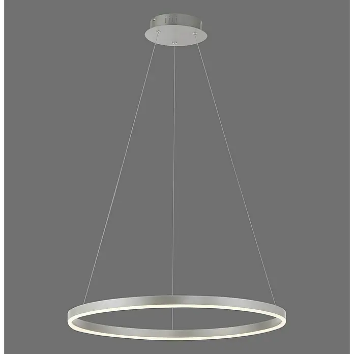 Just Light Ritus Lámpara colgante LED redonda - 28 W, Plata, Blanco cálido - Esta toma muestra una moderna lámpara colgante LED circular plateada con una banda de luz brillante para iluminación ambiental.