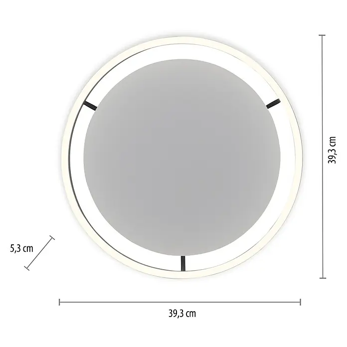 Just Light Ritus Plafón LED redondo - L x An x Al: 39,3 x 39,3 x 5,3 cm, Blanco cálido - Imagen del producto de un espejo redondo con iluminación LED y dimensiones de 39,3 cm x 39,3 cm y una profundidad de 5,3 cm.