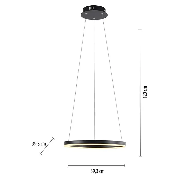 Just Light Ritus Lámpara colgante LED redonda - 20 W, Antracita, Blanco cálido - Imagen de una lámpara colgante LED negra, dimensiones: 39,3 cm de diámetro y 120 cm de altura.