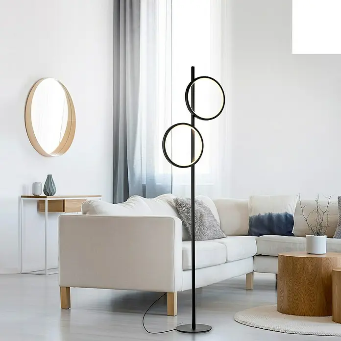 Just Light Ritus Lámpara de pie LED - Altura: 151 cm, Negro, Blanco cálido - Lámpara de pie moderna con dos elementos de luz circulares, creando un ambiente elegante en su sala de estar.