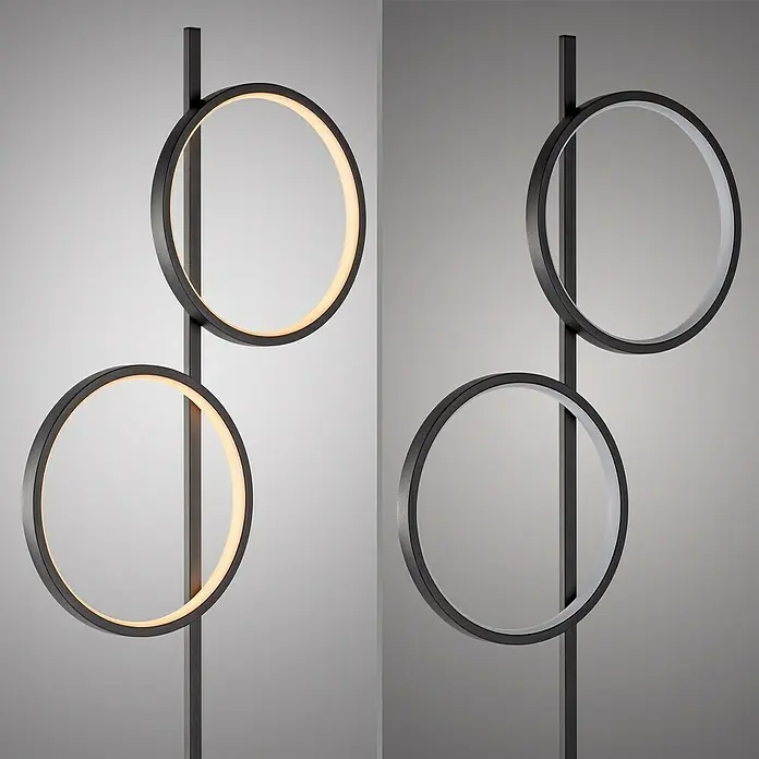Just Light Ritus Lámpara de pie LED - Altura: 151 cm, Negro, Blanco cálido - Lámpara de pie moderna con dos elementos de luz circulares sobre un elegante soporte vertical negro, ofreciendo un diseño minimalista para iluminación.