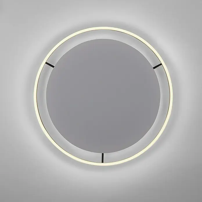 Just Light Ritus Plafón LED redondo - L x An x Al: 58,5 x 58,5 x 5,3 cm, Blanco cálido - Esta imagen muestra un espejo de pared LED redondo e iluminado, con un diseño minimalista y una iluminación suave y uniforme que emana del marco circular.