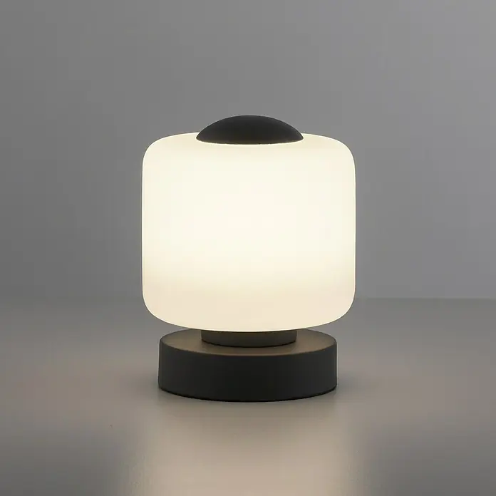 Just Light Lámpara de sobremesa LED Bota - 5 W, L x An x Al: 12 x 12 x 15,5 cm, Negro, Blanco cálido - Una elegante lámpara de mesa con una pantalla redonda y mate y una base oscura, ideal para interiores modernos.
