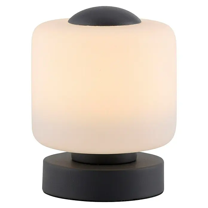 Just Light Lámpara de sobremesa LED Bota - 5 W, L x An x Al: 12 x 12 x 15,5 cm, Negro, Blanco cálido - Primer plano de una lámpara de mesa inalámbrica moderna con una pantalla cilíndrica de brillo suave y una base redonda oscura.