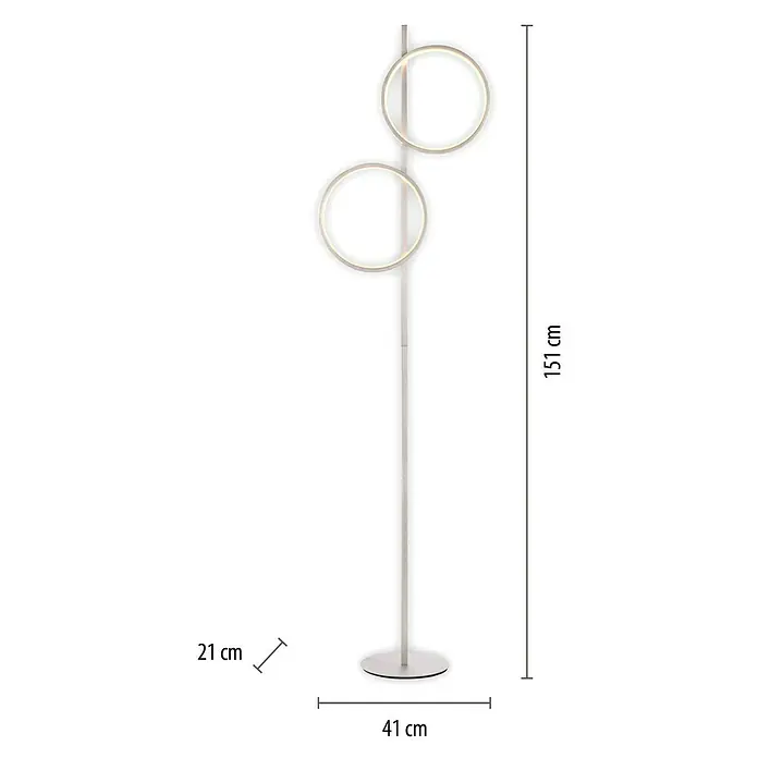 Just Light Ritus Lámpara de pie LED - Altura: 151 cm, Plata, Blanco cálido - Imagen de una lámpara de pie moderna con pantallas circulares y estructura plateada, con indicaciones de dimensiones.