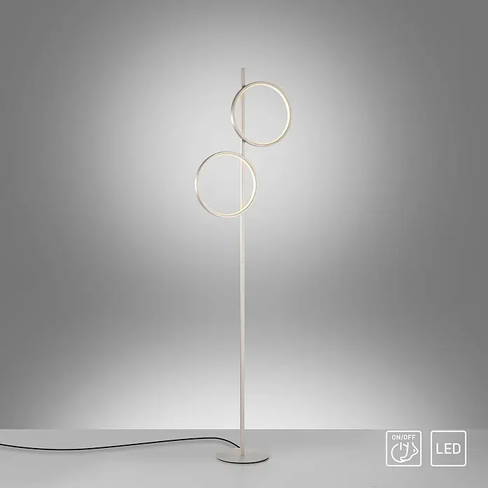 Just Light Ritus Lámpara de pie LED - Altura: 151 cm, Plata, Blanco cálido - Lámpara de pie moderna con dos círculos luminosos en diseño minimalista. La lámpara proporciona una cálida luz LED y es muy llamativa.