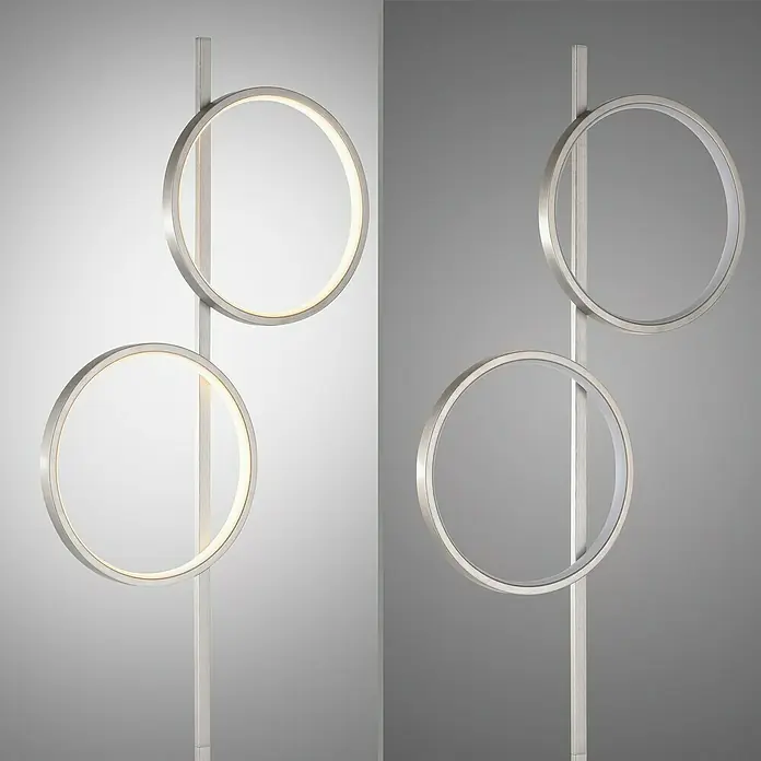 Just Light Ritus Lámpara de pie LED - Altura: 151 cm, Plata, Blanco cálido - Una lámpara moderna con dos círculos iluminados y un círculo apagado, unidos a un soporte vertical elegante.