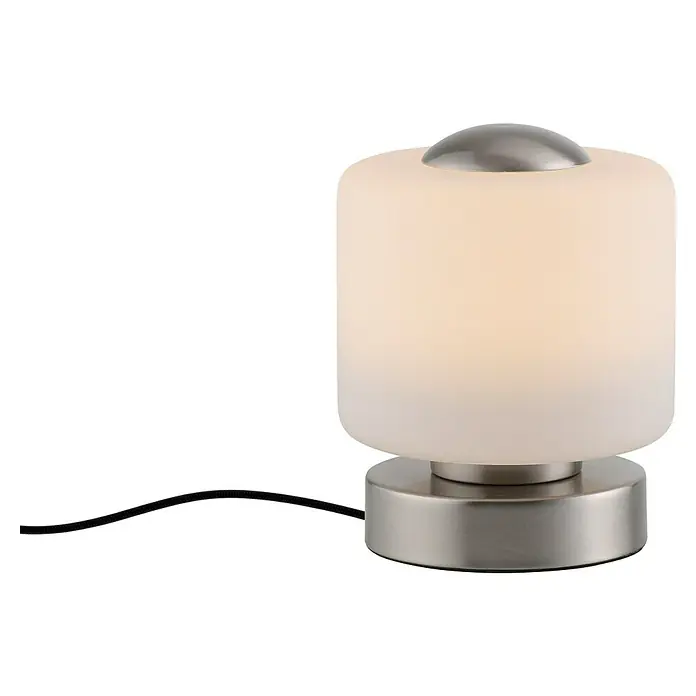 Just Light Lámpara de sobremesa LED Bota - 5 W, L x An x Al: 12 x 12 x 15 cm, Blanco, Blanco cálido - Primer plano de una lámpara de mesa moderna con una pantalla redonda blanca y una base metálica sobre un fondo negro.
