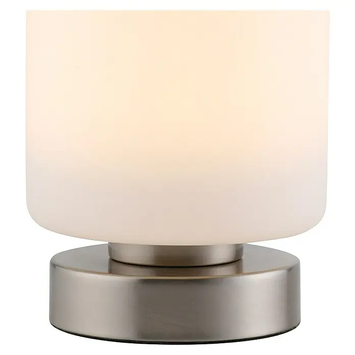 Just Light Lámpara de sobremesa LED Bota - 5 W, L x An x Al: 12 x 12 x 15 cm, Blanco, Blanco cálido - Primer plano de una elegante lámpara de noche con una pantalla redonda blanca y una base plateada.