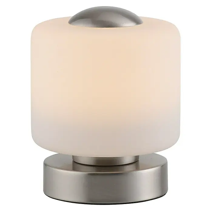 Just Light Lámpara de sobremesa LED Bota - 5 W, L x An x Al: 12 x 12 x 15 cm, Blanco, Blanco cálido - Primer plano de una lámpara de noche moderna con pantalla de cristal esmerilado y base de metal plateado, que emite una luz cálida y acogedora.