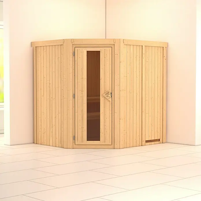 Karibu Elementsauna Siirin - Ohne Ofen, Ohne Dachkranz, Materialspezifizierung Tür: Massivholztür, L x B x H: 196 x 170 x 192 cm - Eine helle, hölzerne Sauna-Ecke mit Glastür und hellem Fliesenboden. Ideal zum Entspannen und für Wellness zu Hause.