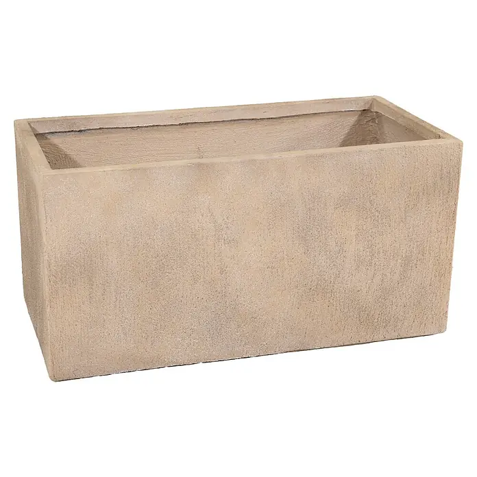 Mega Collections Pflanzkasten Texas - Außenmaß (L x B x H): 60 x 30 x 30 cm, Sand Wash - Ein beiger, rechteckiger Pflanzkübel mit einer strukturierten Oberfläche. Ideal für Pflanzen und zur Dekoration von Außenbereichen.
